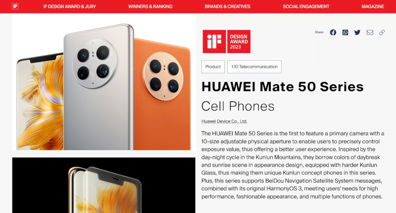 Penghargaan Desain iF Design Awards 2023 Ponsel Mate 50 Series
