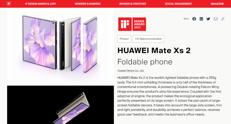Penghargaan Desain Ponsel Lipat Huawei Xs 2