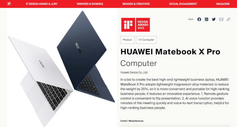 Penghargaan Desain Komputer iF Design Awards 2023 Huawei Matebook X Pro 2022