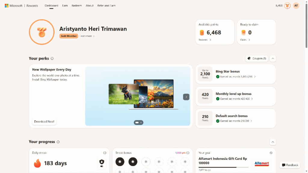 Microsoft Rewards Dashboard Page