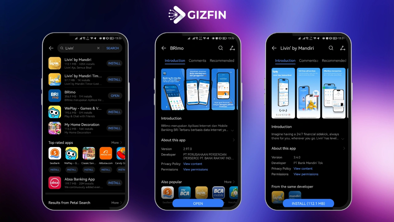 Pencarian aplikasi perbankan BUMN Livin by Mandiri dan BRImo di Huawei AppGallery.