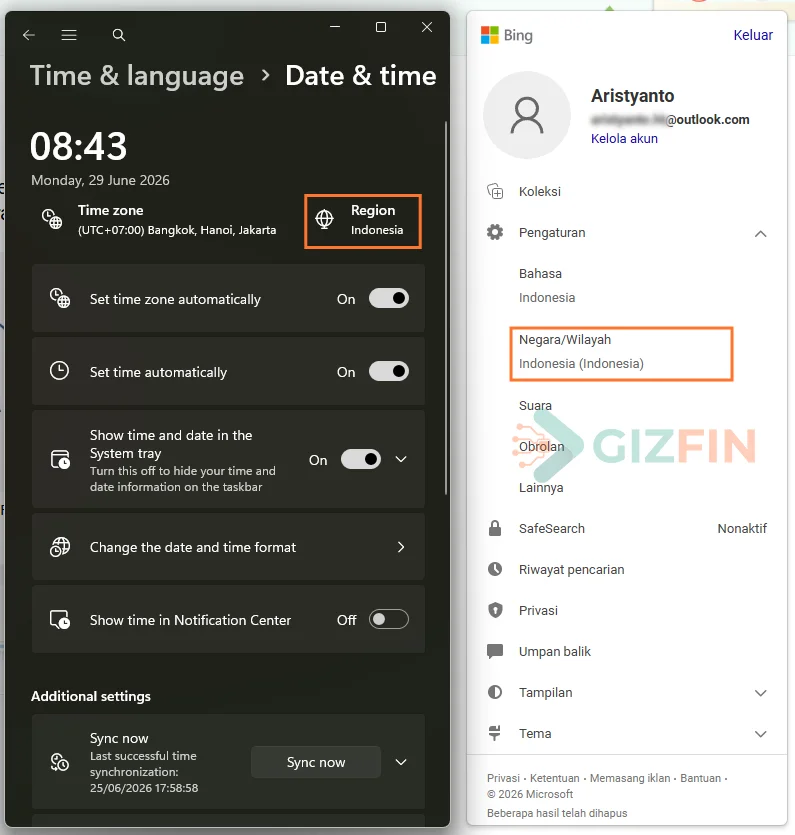 Tampilan pengaturan sinkronisasi region Windows Time & Language dan wilayah pencarian di Bing Indonesia.