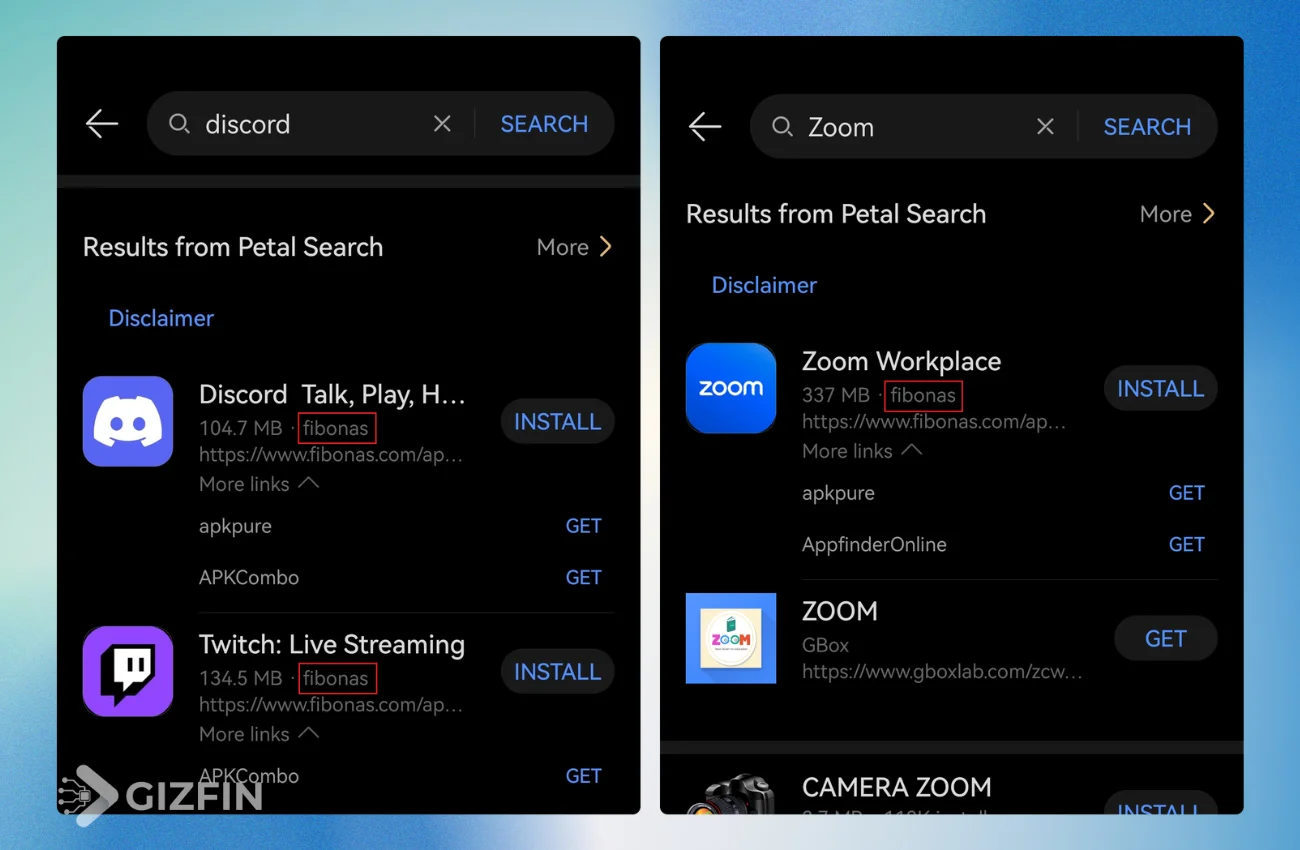 Tampilan antarmuka pencarian aplikasi di Huawei AppGallery Petal Search dengan tombol unduh mengarah ke sumber pihak ketiga Fibonas