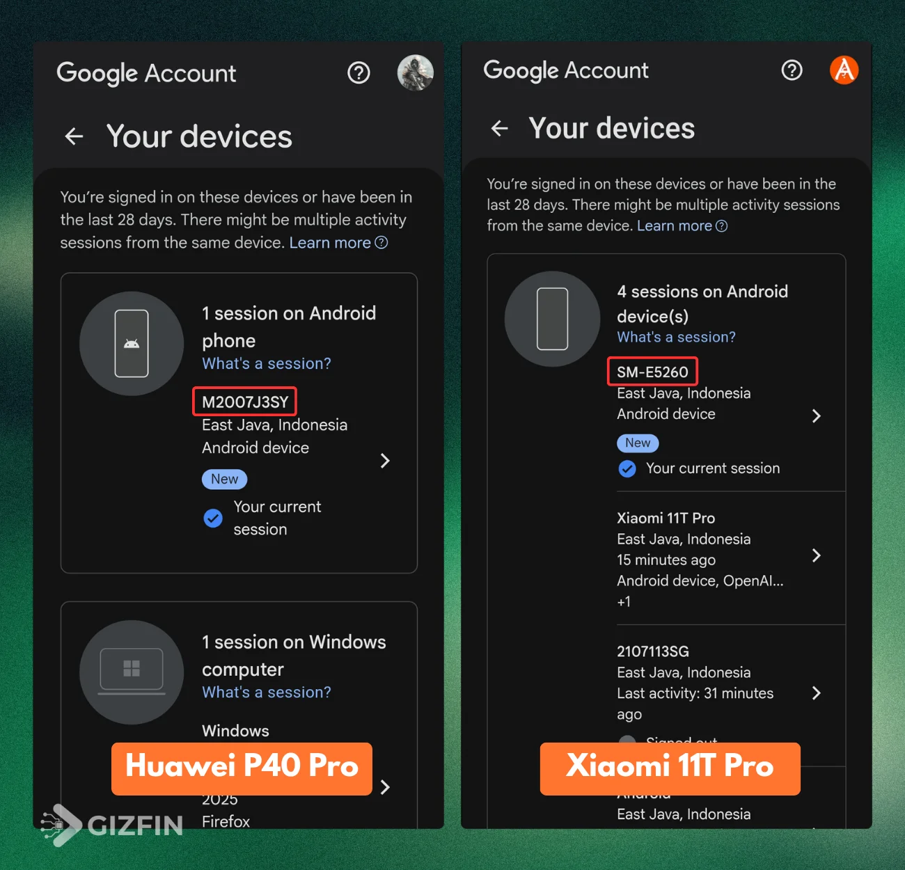 Tangkapan layar login Google via GBox yang mendeteksi perangkat emulasi Xiaomi Mi 10T 5G dan Samsung Galaxy F52 5G.