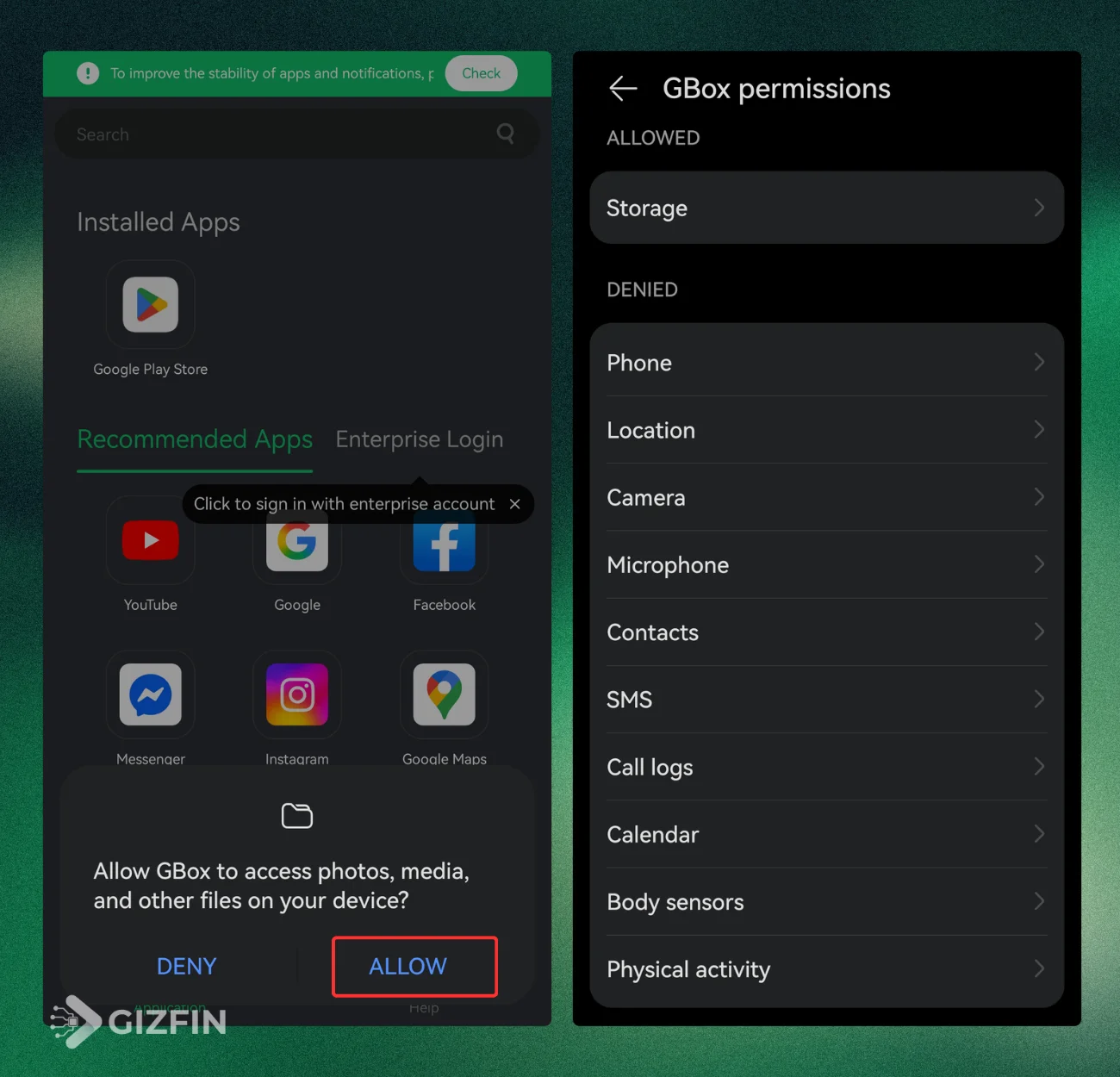 Tangkapan layar antarmuka sistem Android yang memperlihatkan izin penyimpanan (Storage) yang diminta GBox secara standar.