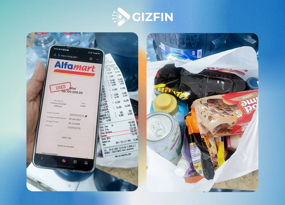 Foto bukti struk belanja fisik kasir Alfamart menggunakan metode pembayaran voucher Alfamart dari Wogi