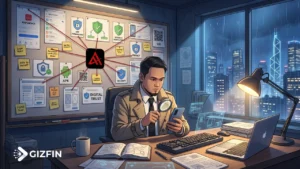 Ilustrasi seorang detektif teknologi sedang menyelidiki aplikasi Fibonas di Huawei AppGallery menggunakan papan investigasi dan smartphone Huawei.