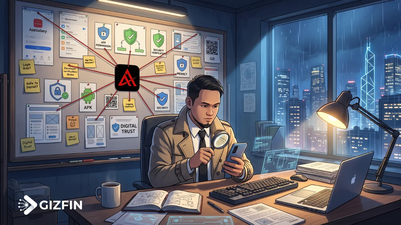 Ilustrasi seorang detektif teknologi sedang menyelidiki aplikasi Fibonas di Huawei AppGallery menggunakan papan investigasi dan smartphone Huawei.