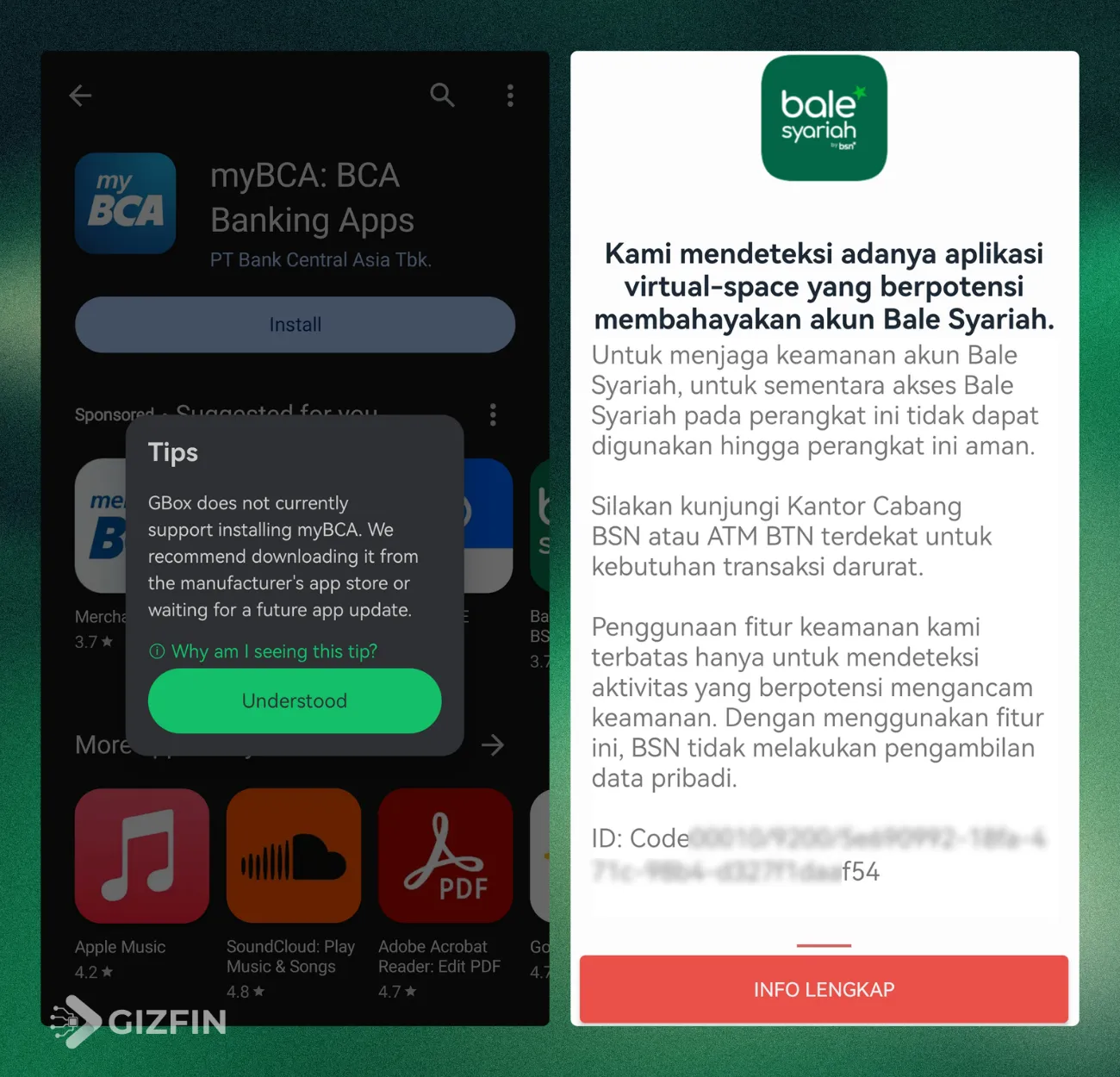 GBox menampilkan peringatan bahwa beberapa aplikasi perbankan seperti myBCA diblokis instalasinya dan Bale Syariah membatasi penggunaan karena mendeteksi lingkungan virtual space pada perangkat Huawei.