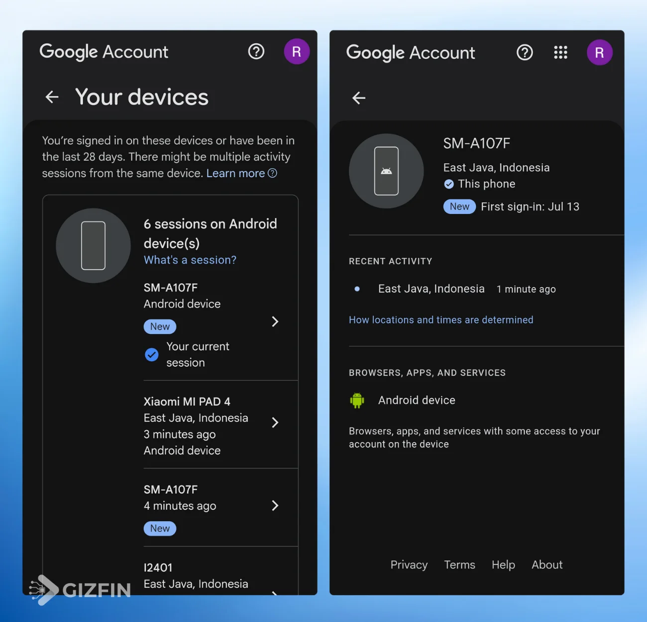 Tampilan detail lokasi masuk perangkat Samsung emulasi GBox di Google Account tetap mendeteksi lokasi fisik nyata di Indonesia