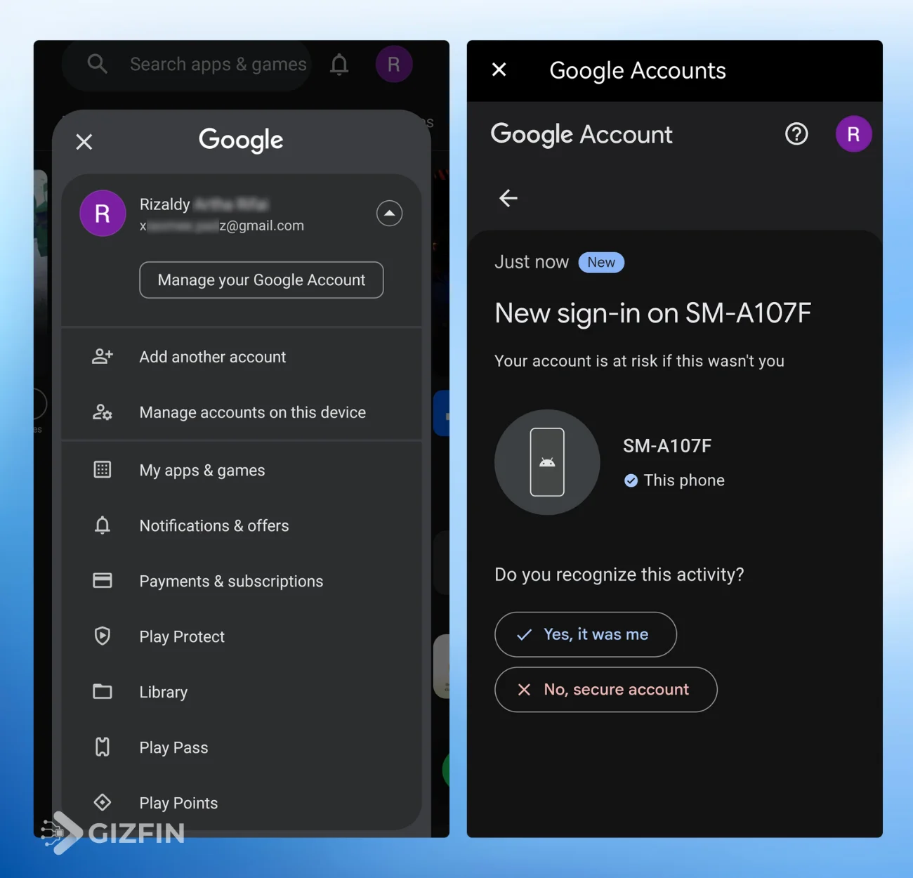 Tampilan perangkat baru masuk di akun Google terdeteksi sebagai Samsung Galaxy A10s (SM-A107F) akibat emulasi GBox