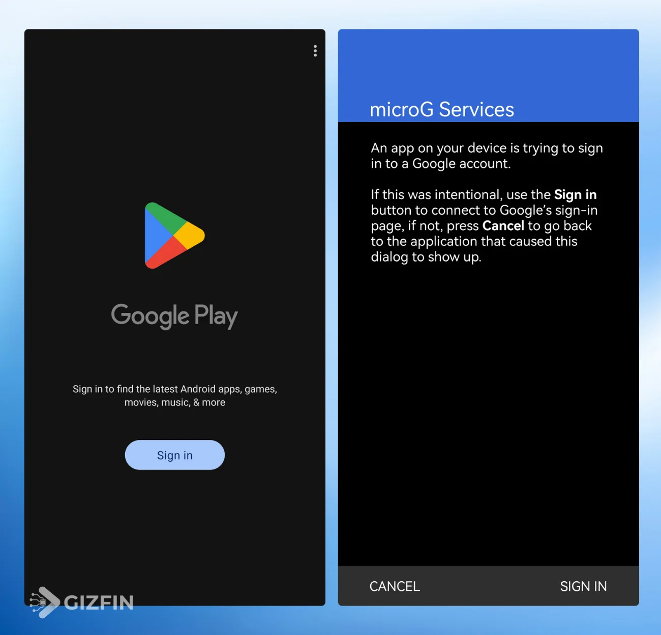 Dialog persetujuan microG Services saat Sign In ke Google Play di dalam GBox meminta akses masuk akun Google