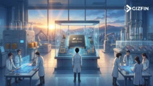 Ilustrasi laboratorium semikonduktor dengan maket Kirin 9050 Pro dan ilmuwan yang meneliti teknologi chip AI Huawei.